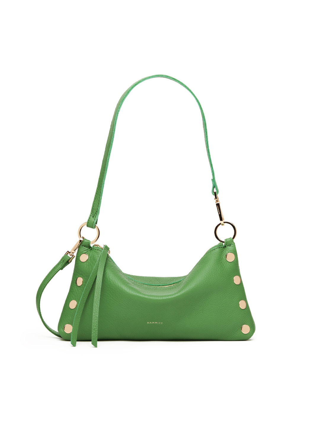 Green handbag with gold hardware on a white background