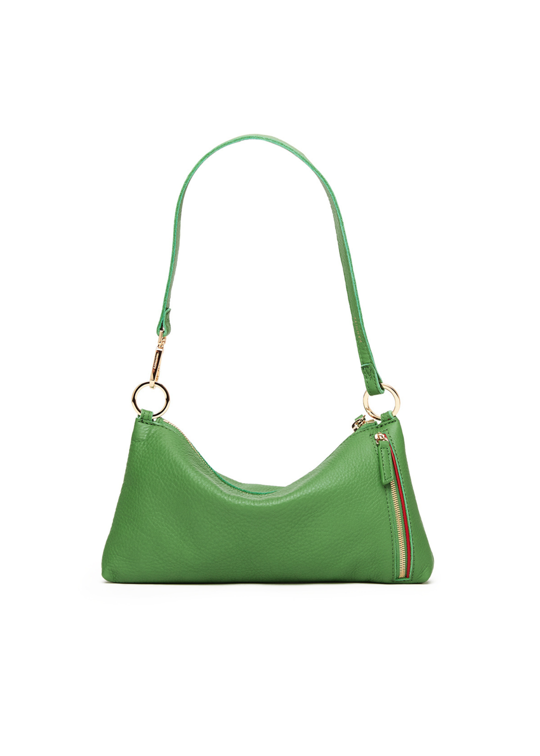 Green handbag with gold hardware on a white background