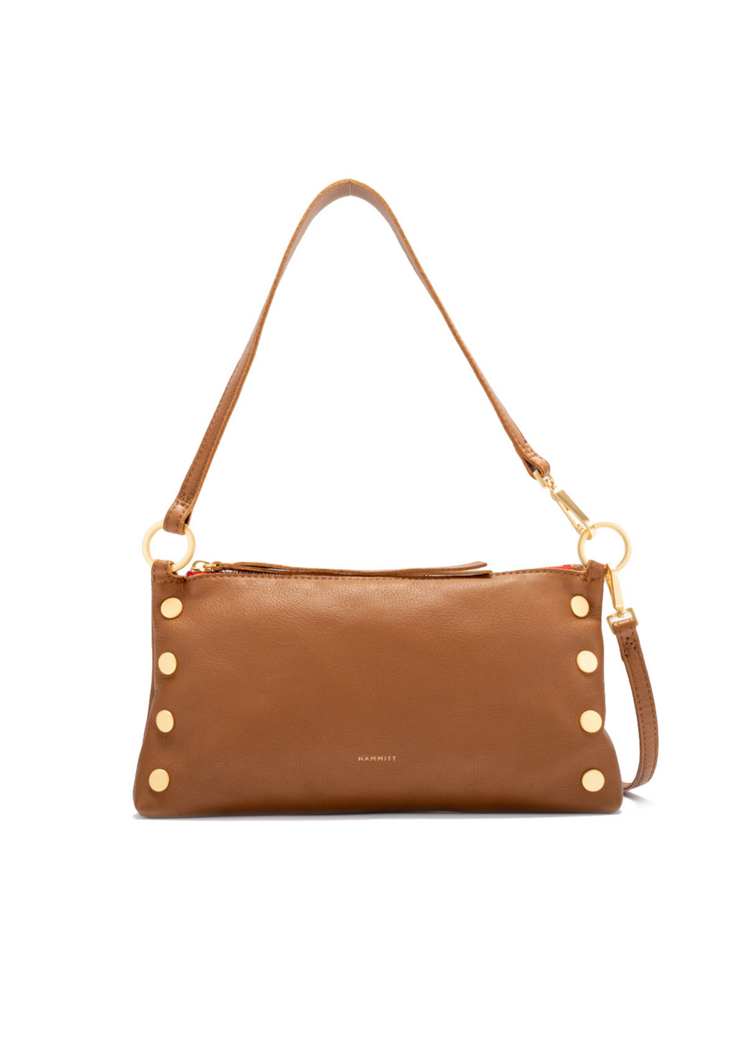 Hammitt brown leather rectangle handbag with gold studs that comes with short and long straps