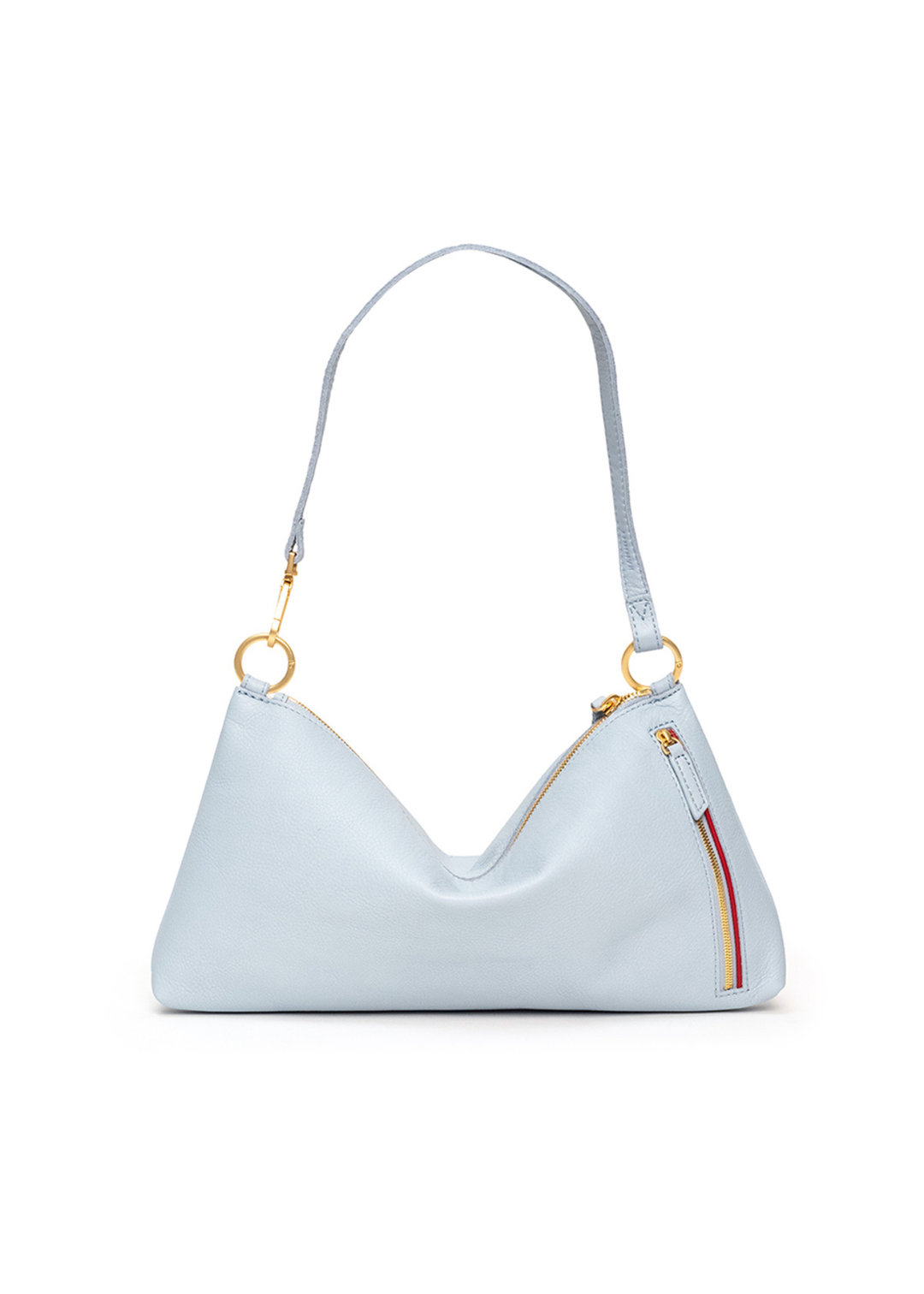 Light blue handbag with gold accents and zipper