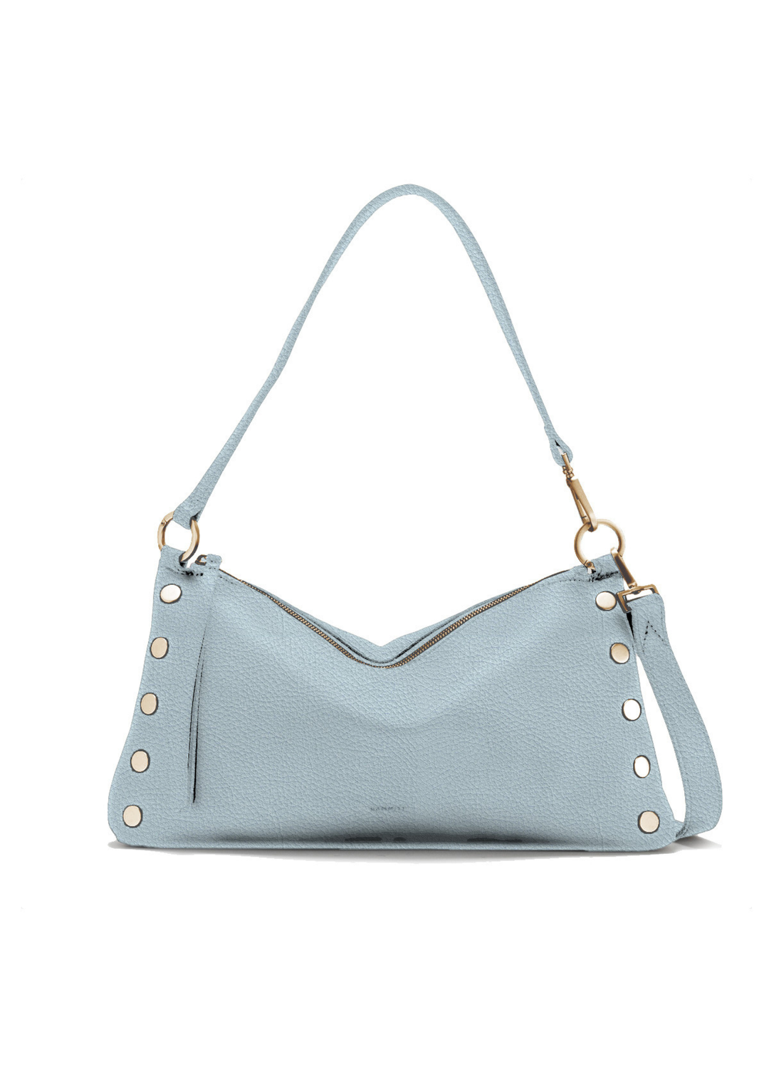 Light blue handbag with gold accents and zipper