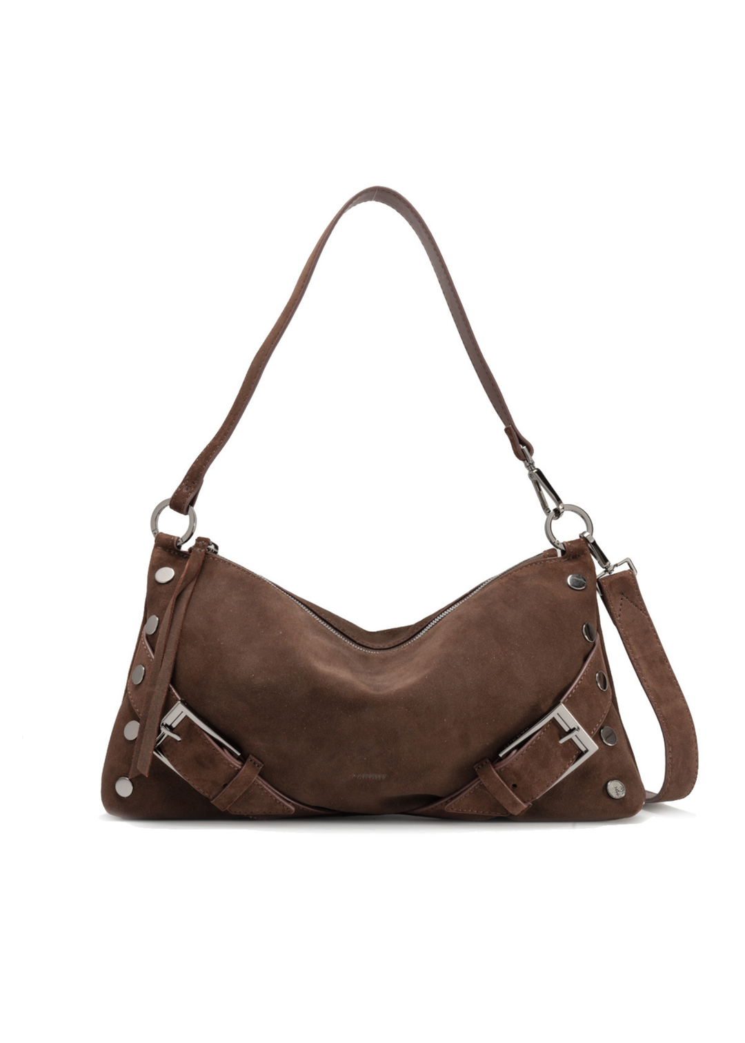 Brown suede handbag with gunmetal hardware on a white background