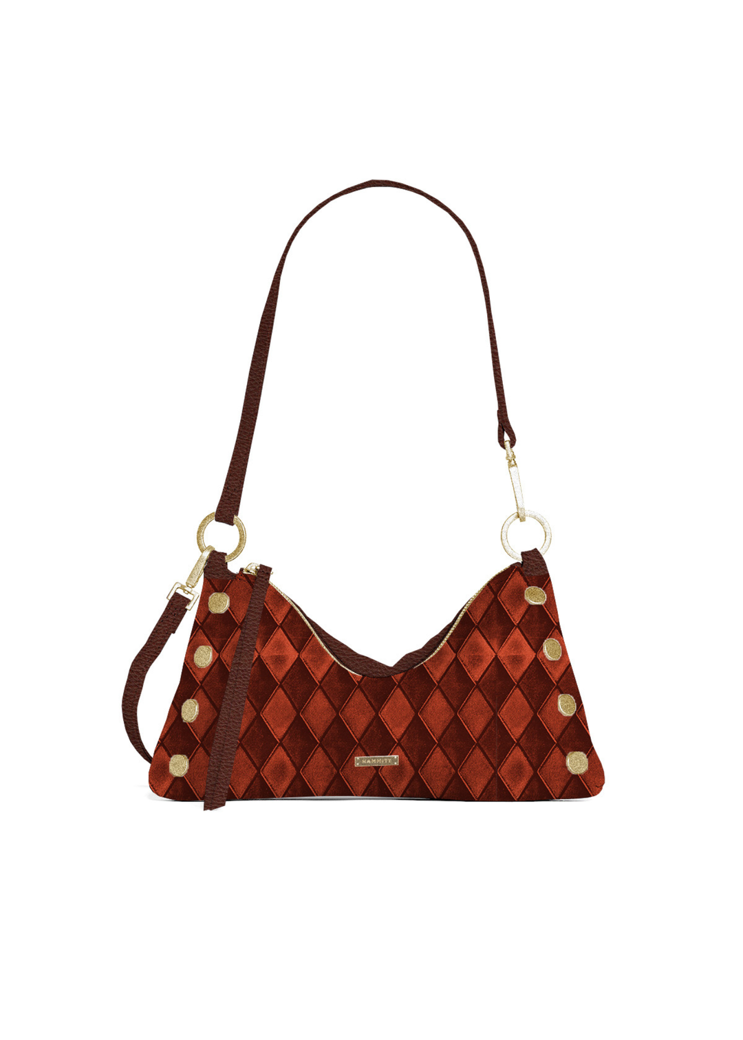 A red velvet and brown leather purse with gold accents on a white background