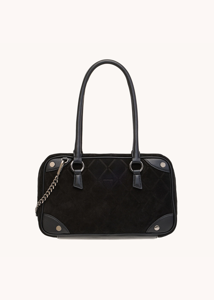 Black suede purse with a grey on a white background