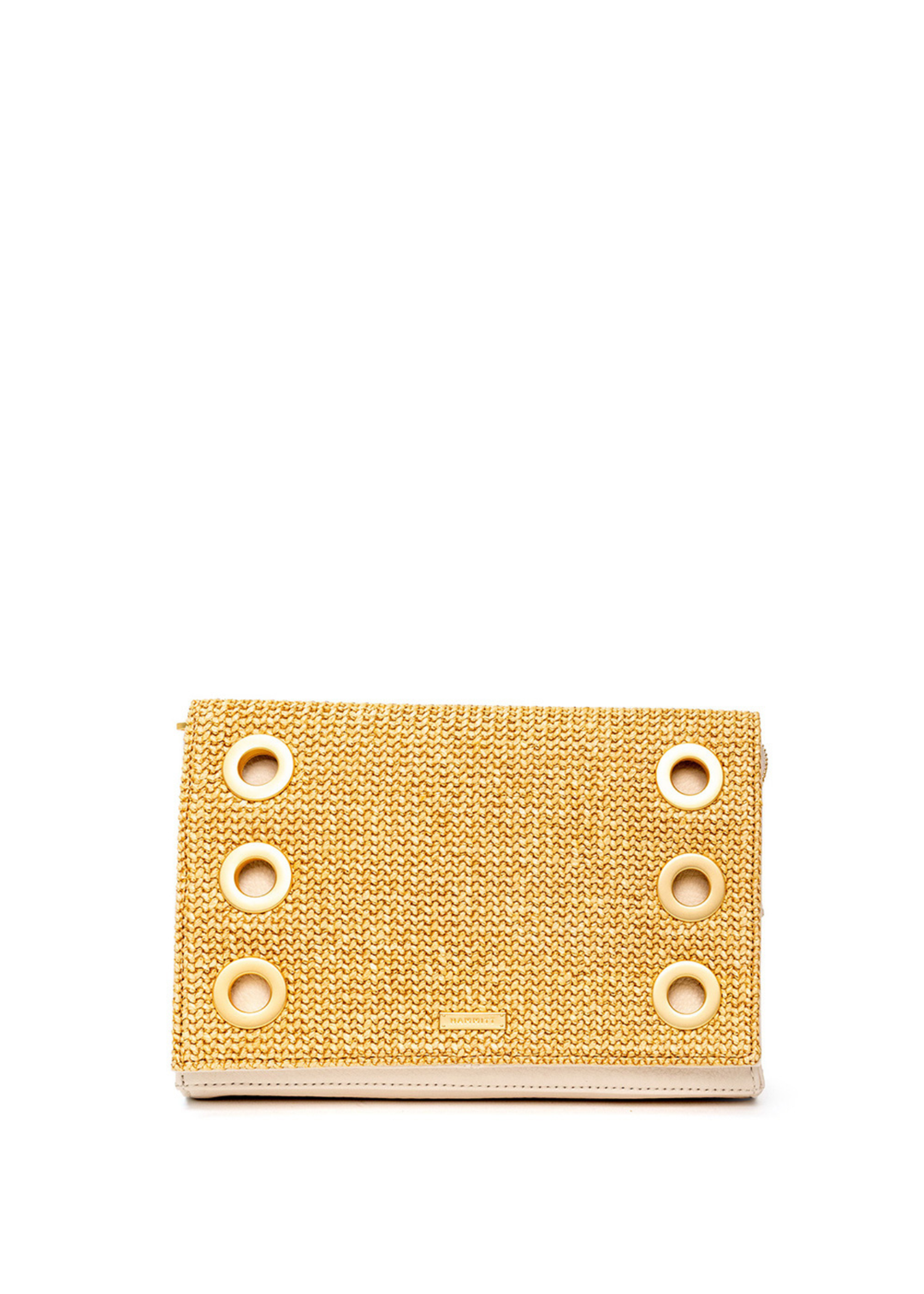 Raffia and white leather handbag with gold accents