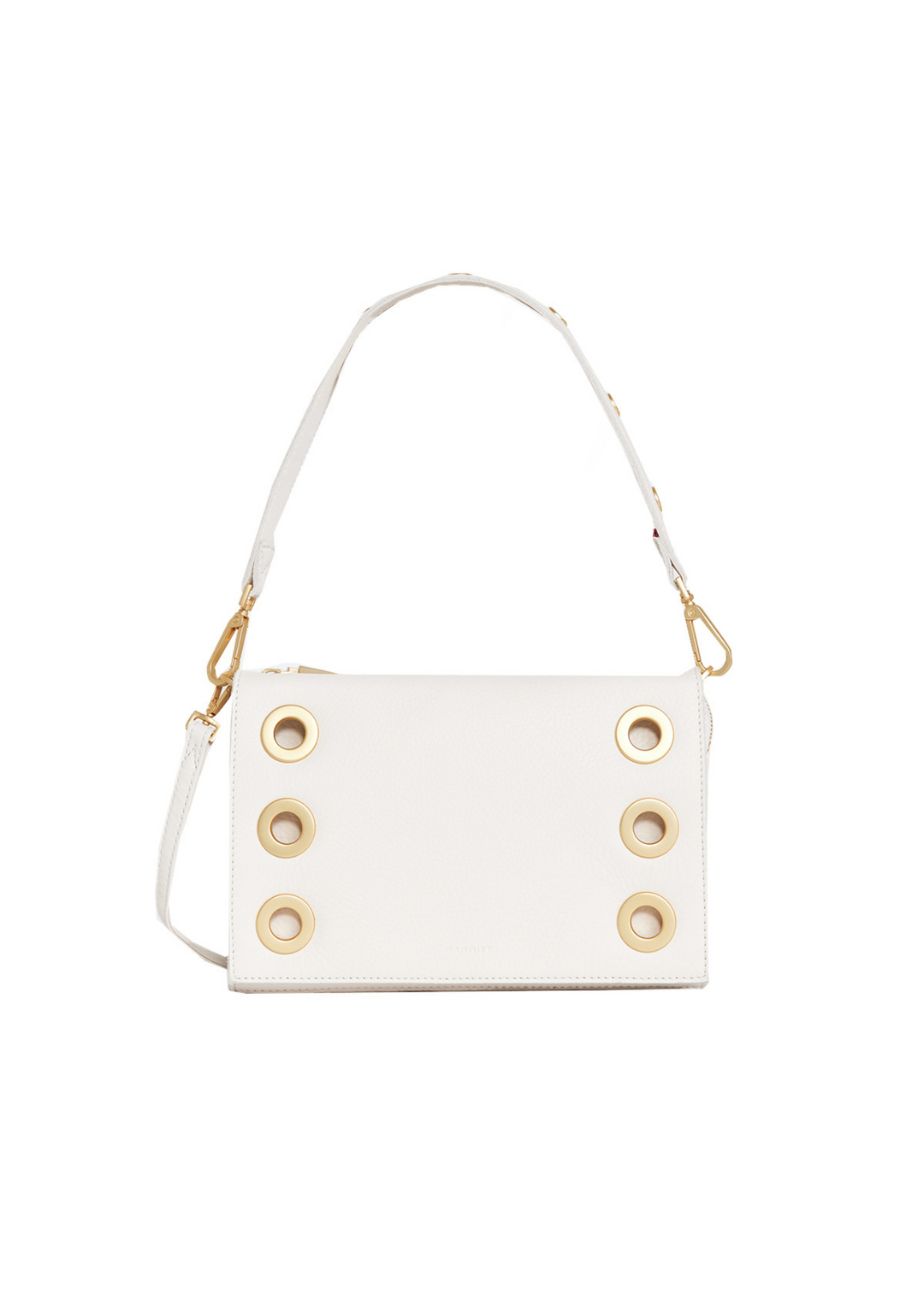 Hammitt white leather small clutch with Gold grommet and stud accents. Comes with short and long strap