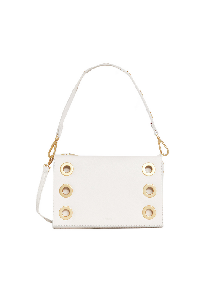 Hammitt white leather small clutch with Gold grommet and stud accents. Comes with short and long strap