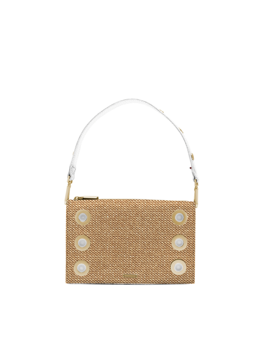 Raffia and white leather handbag with gold accents