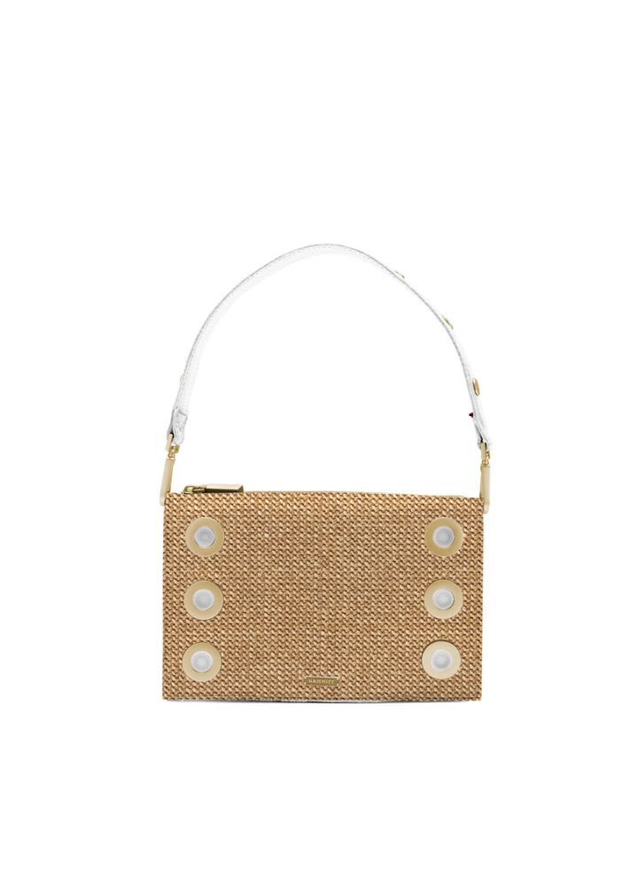 Raffia and white leather handbag with gold accents