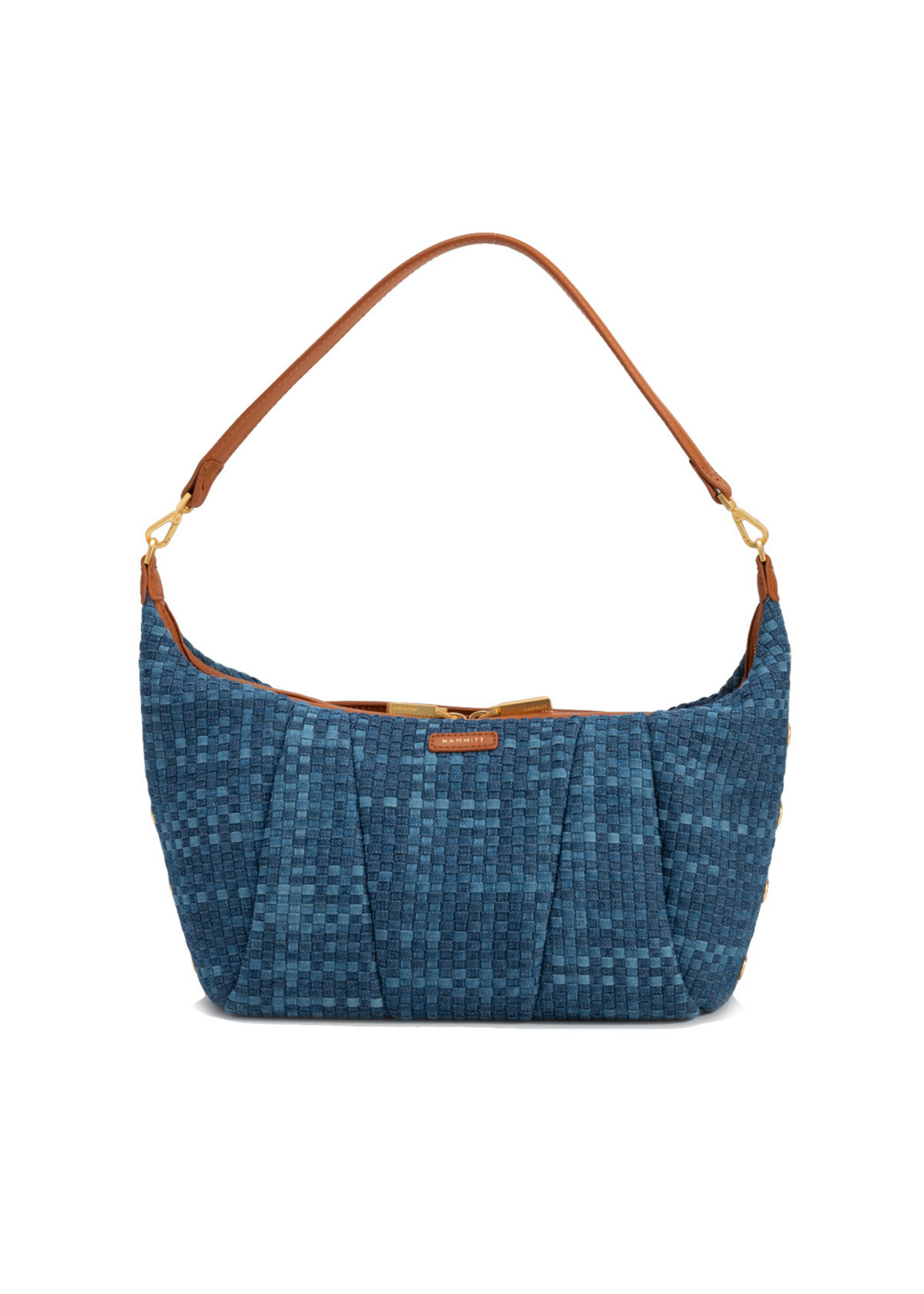Women's handbag in a denim mosaic color combo with brown leather and brushed gold accents