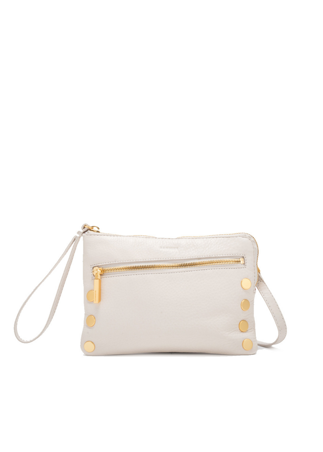 Hammit white leather wristlet with gold stud and diagonal zipper details