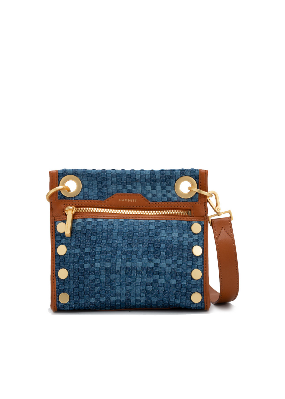 Women's leather purse in a mosaic denim pattern with brushed gold details and brown leather