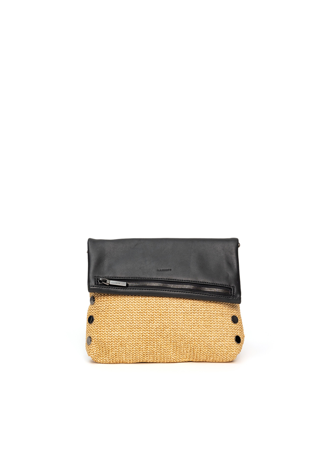 Black leather and raffia handbag