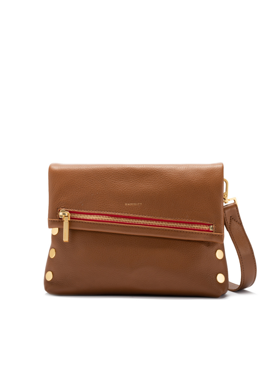 Hammitt LA Brown leather medium crossbody bag with red and gold zipper and gold stud details