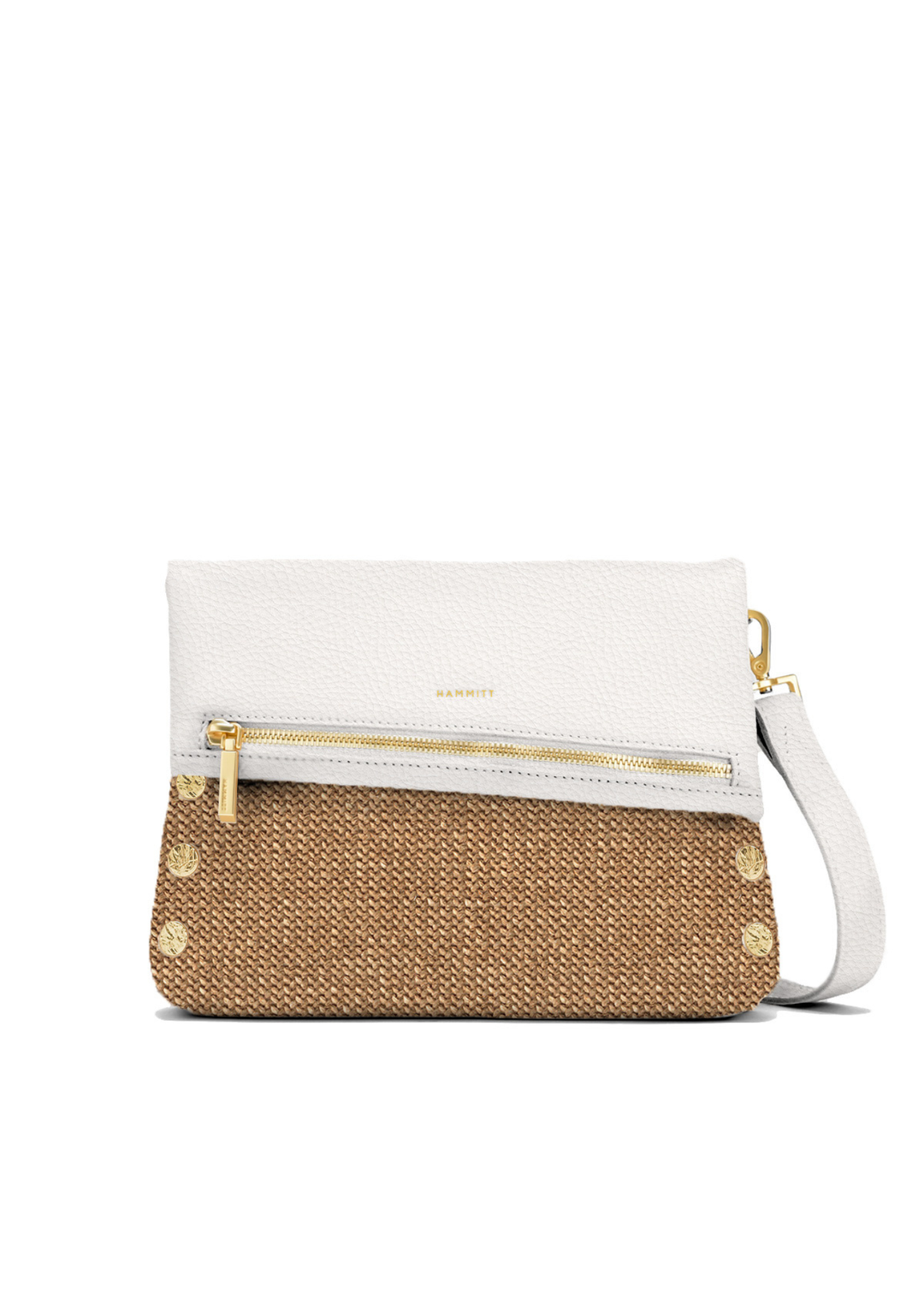 White leather and raffia handbag with gold accents and zippers
