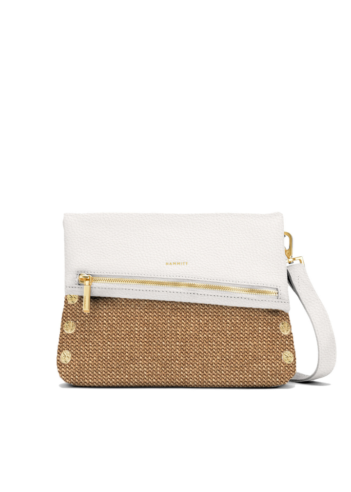 White leather and raffia handbag with gold accents and zippers