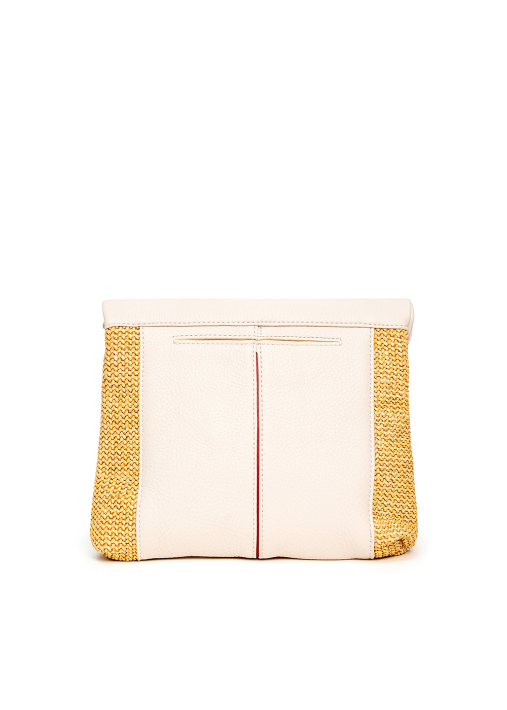 Back of a white leather and raffia handbag
