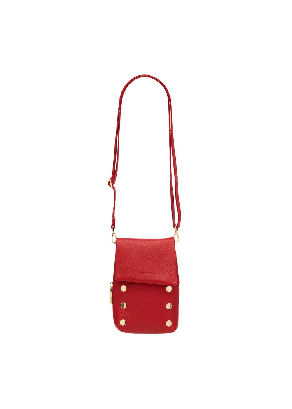 Red leather purse with gold accents on a white background
