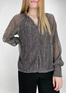 Silver metallic blouse with semi sheer puff sleeves and front buttons