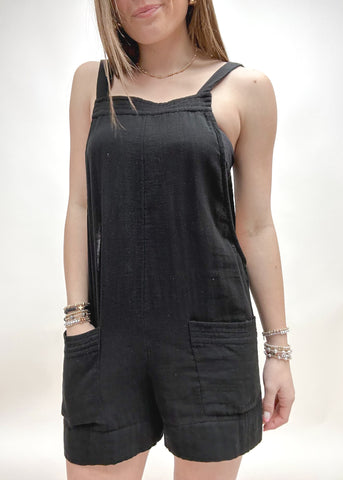 black gauze cotton overall romper with front pockets