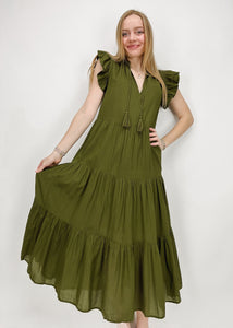 olive green midi dress with split neck, neck ties with tassels, ruffle sleeves, and a 3 tier ruffle skirt