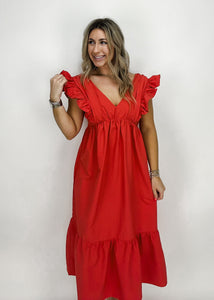 red v neck mini dress with ruffle shoulders and ruffle midi skirt