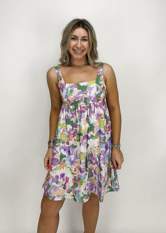 purple and green floral peplum mini dress with square neck tank straps