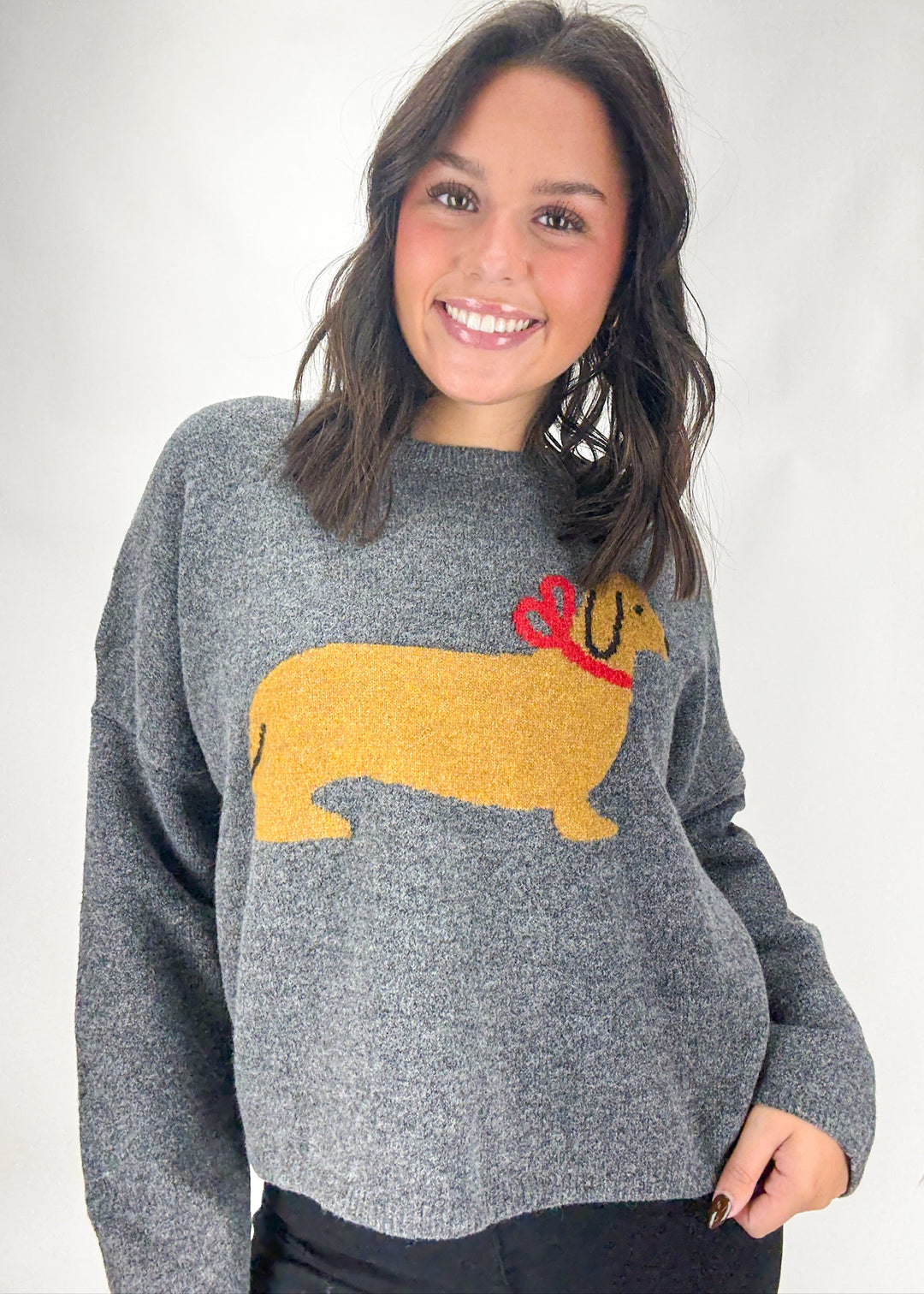 Woman wearing a gray sweater with a dachshund design on a white background