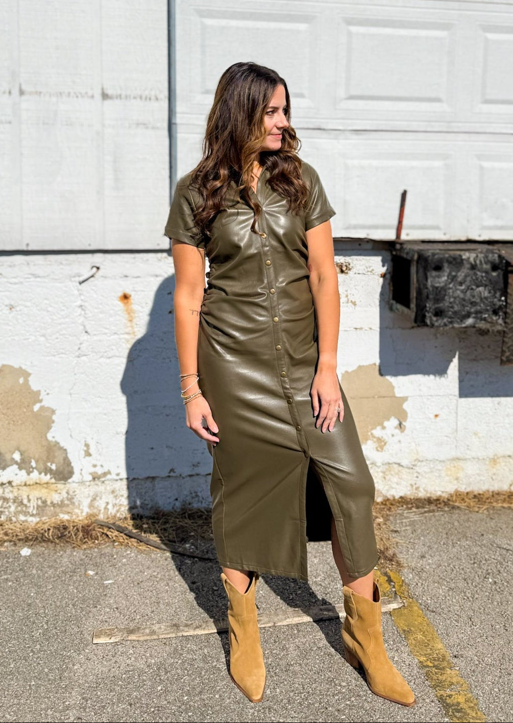 Quinn Leather Cinched Midi Dress