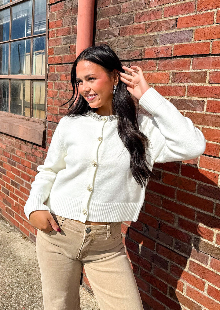 Molly Rhinestone Cardigan - White