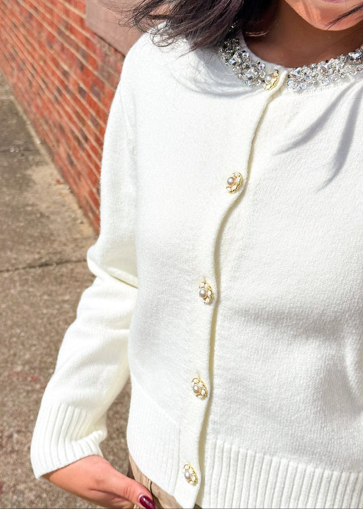 Molly Rhinestone Cardigan - White
