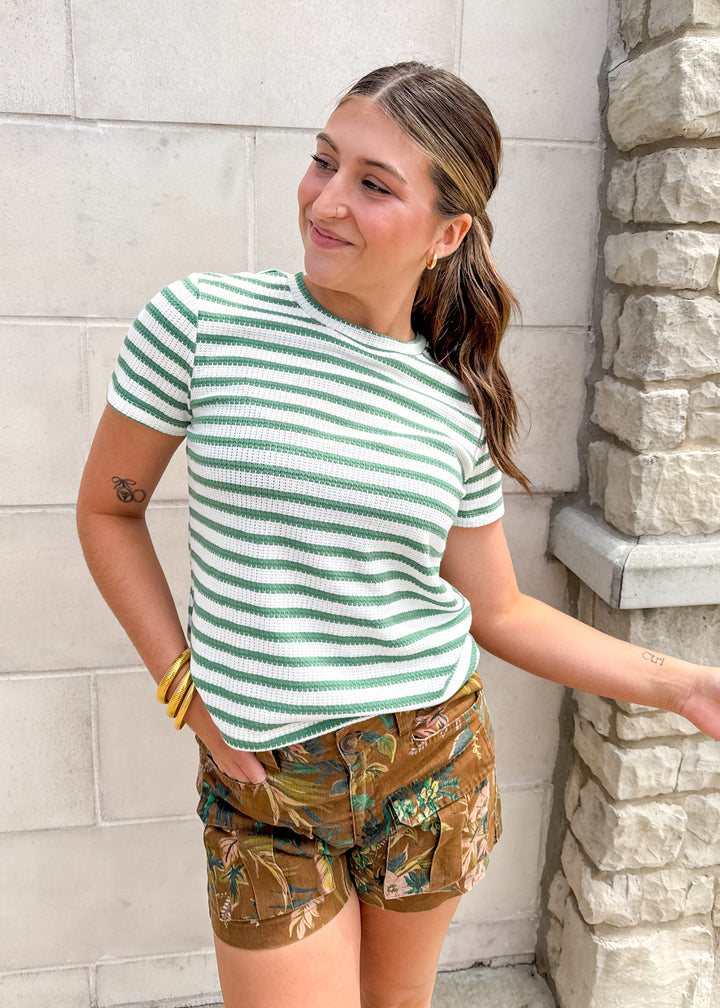 Sanctuary Clothing Perfect Textured Tee - Chalk/Green Juice Stripe
