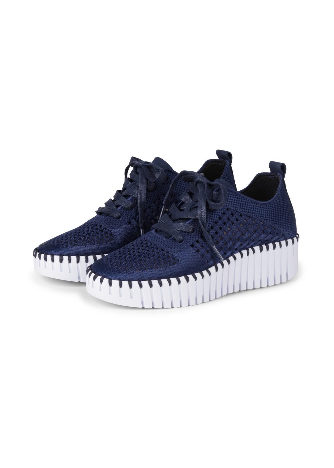 Women's embroidered perforated sneaker in dark indigo with a white platform sole
