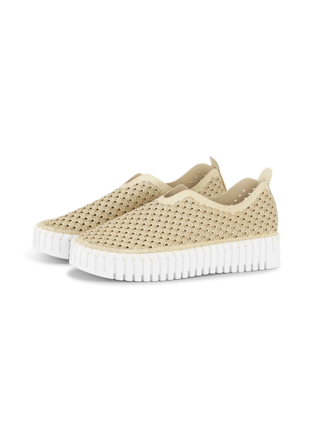 Cream tulip perforated slip on flats with white platform soles