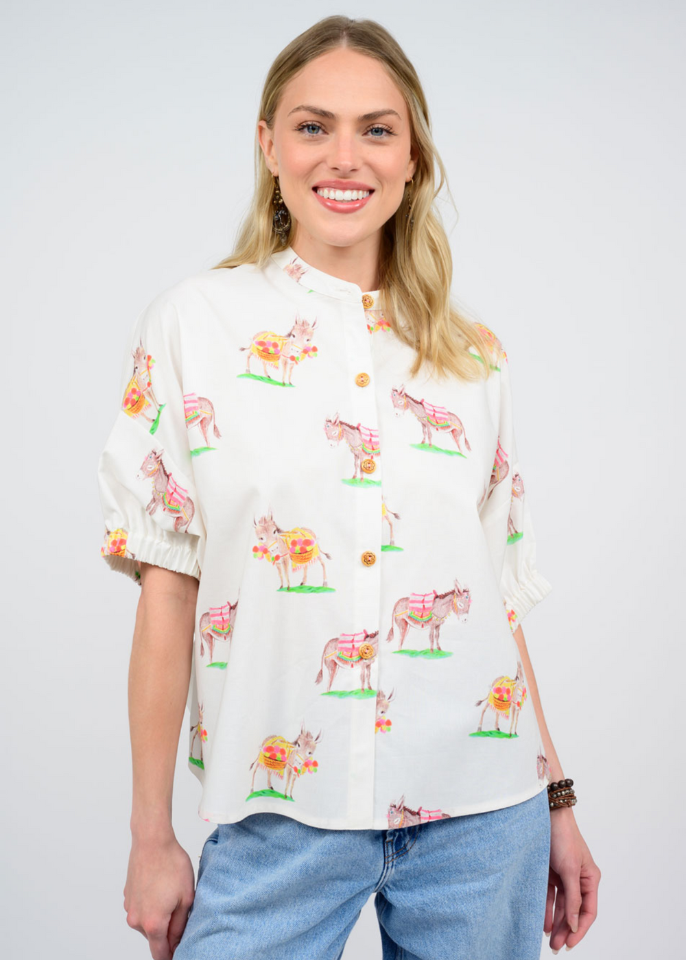 women's white button down blouse with a donkey graphic