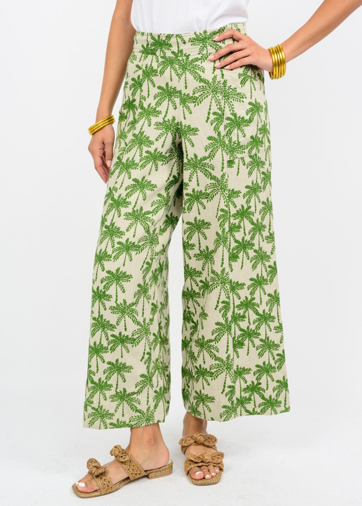 tan and green palm tree print wide leg pants