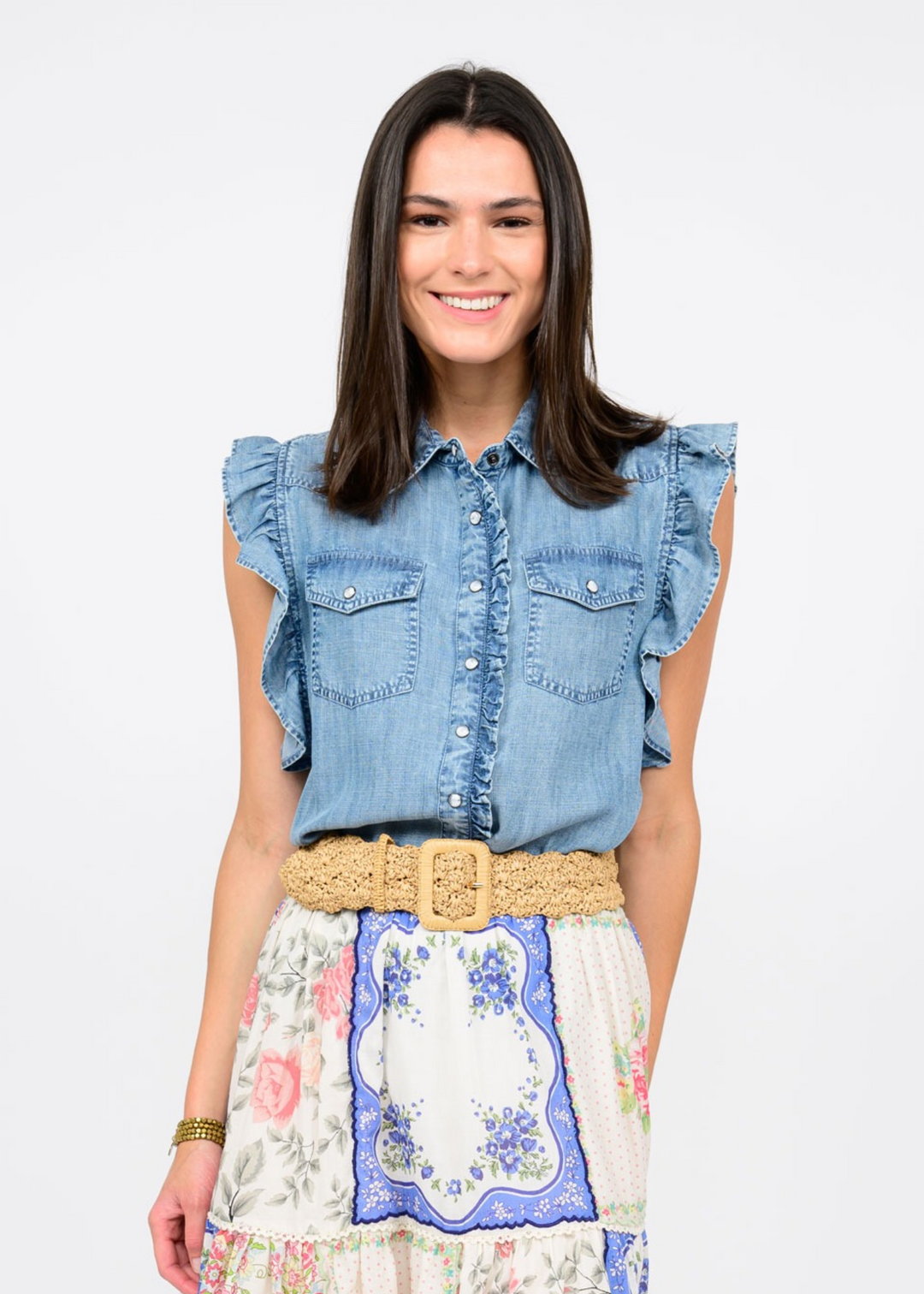 light wash denim ruffle sleeve collared button down top