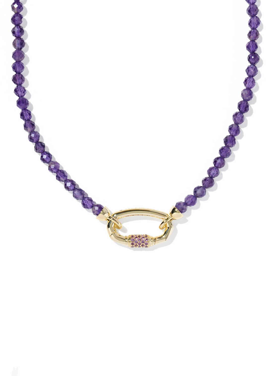 Women's purple beaded necklace with a gold clasp