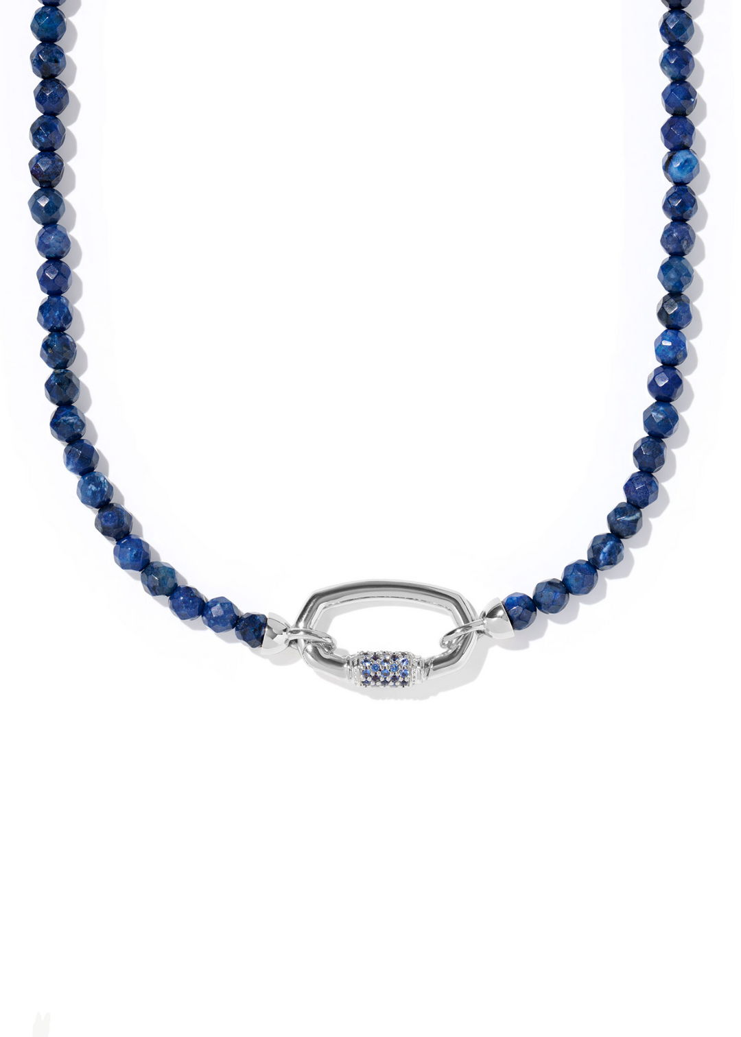 Women's beaded strand necklace with dark blue beads and a silver clasp