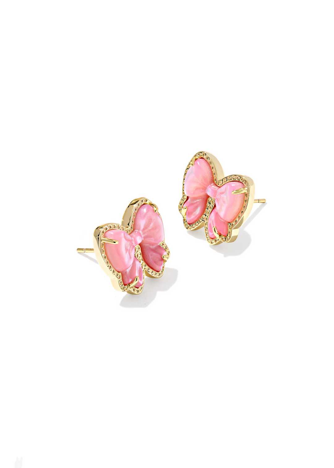 Women's gold bow shaped stud earrings with a pink center stone