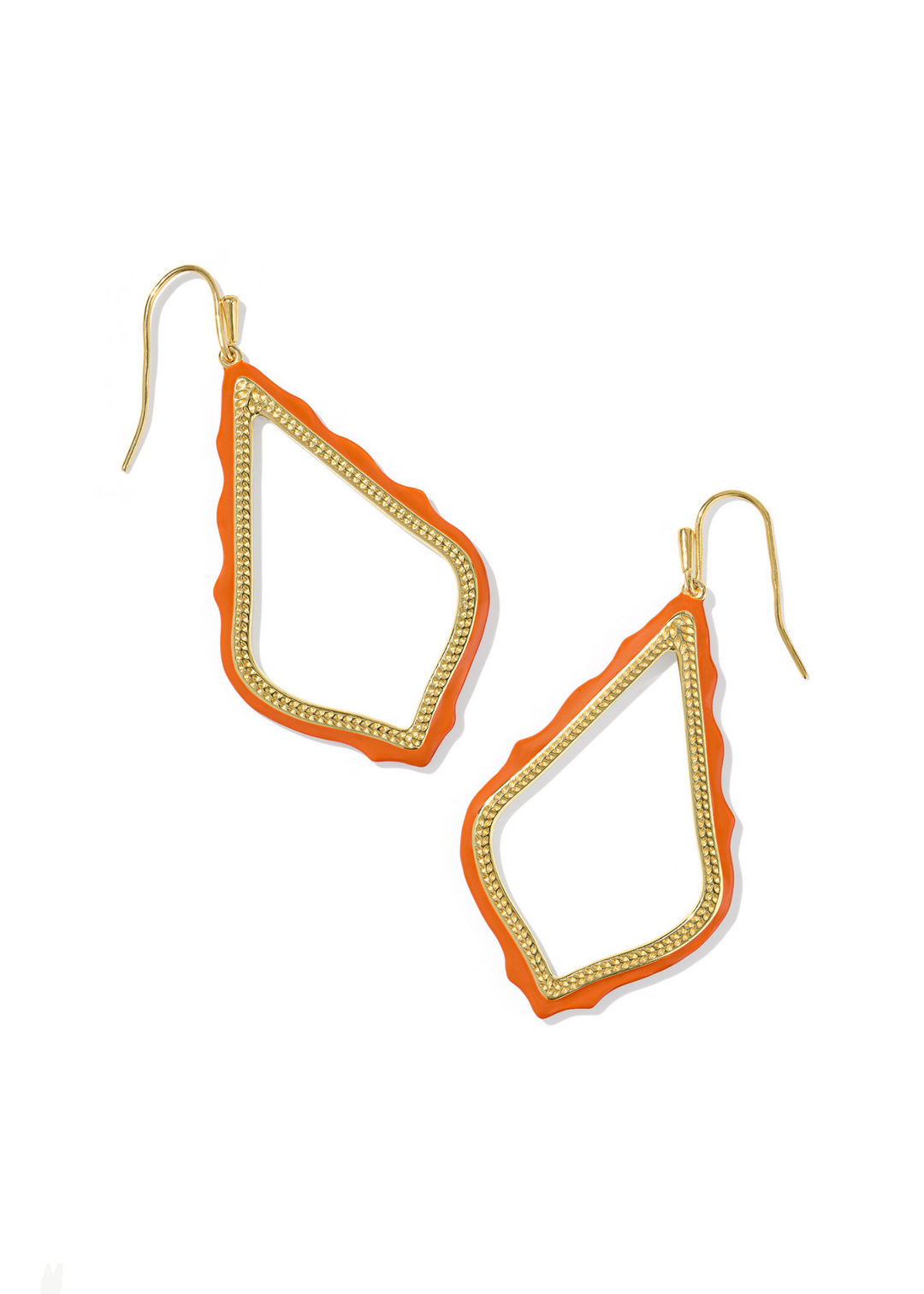 Women's gold open frame earrings with orange trim