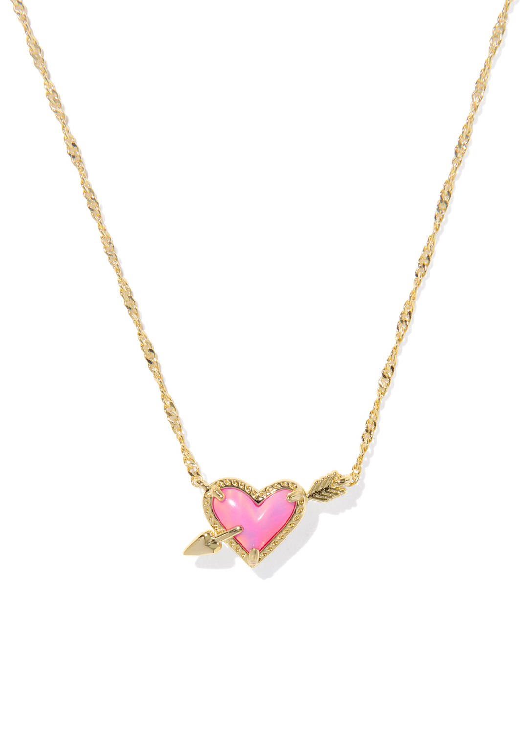 Gold necklace with a pink arrow heart pendant against a white background