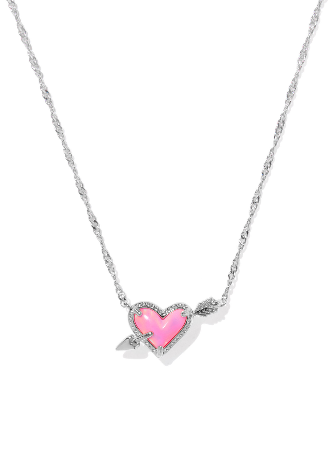 Silver necklace with a pink and silver arrow heart pendant against a white background