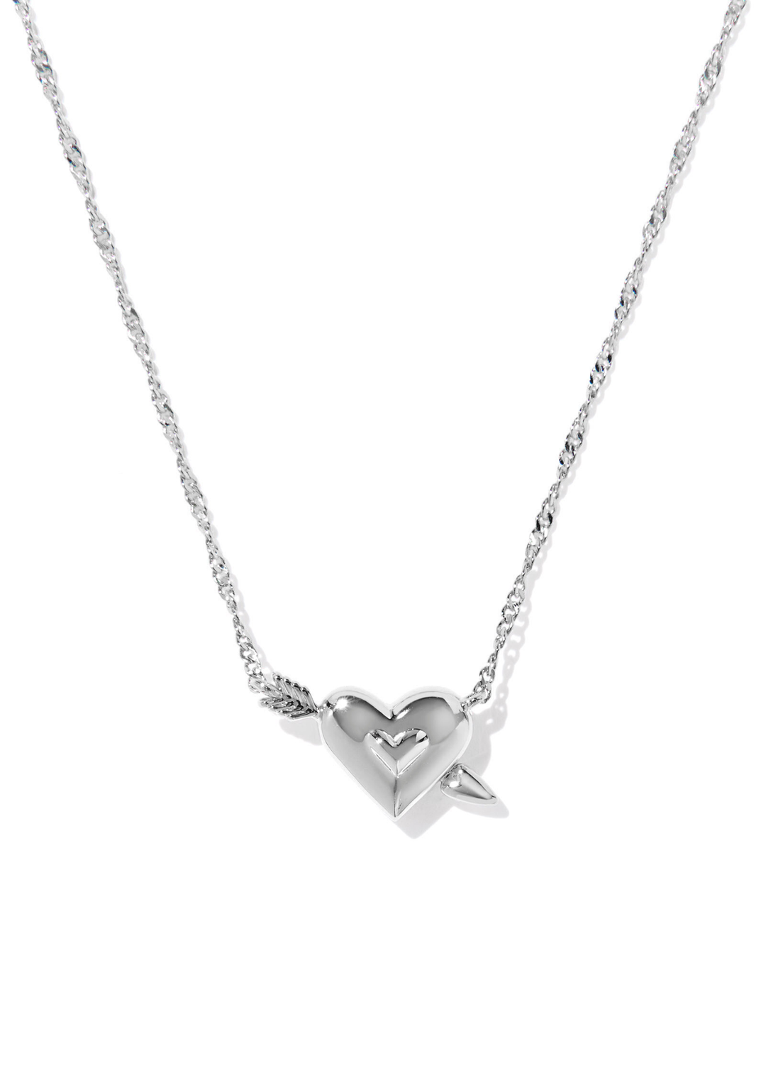 Silver necklace with a silver arrow heart pendant against a white background