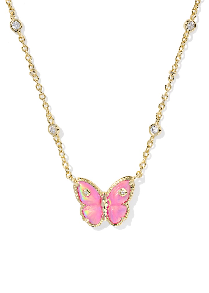 Gold necklace with a pink butterfly pendant on a white background