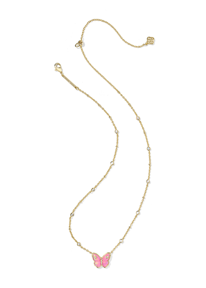 Gold necklace with a pink butterfly pendant on a white background