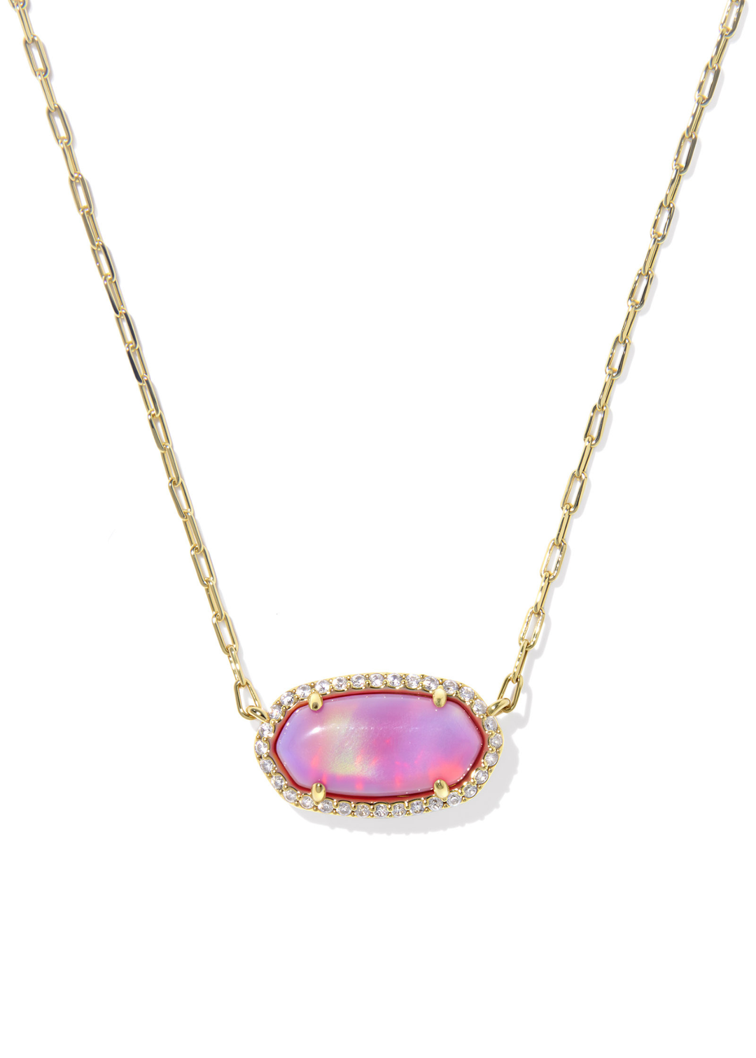 Gold necklace with a pink pendant framed with CZs against a white background