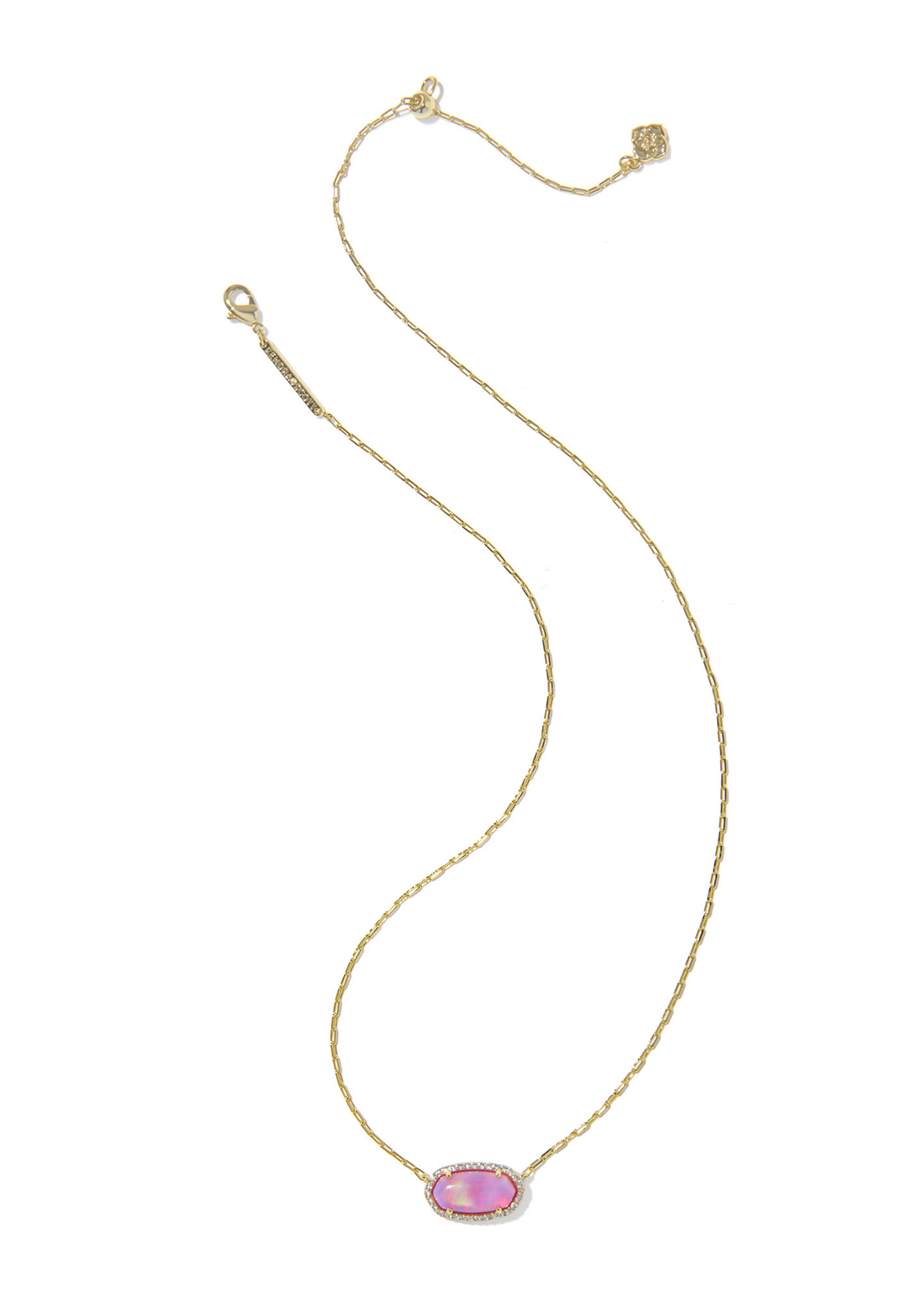 Gold necklace with a pink pendant framed with CZs against a white background