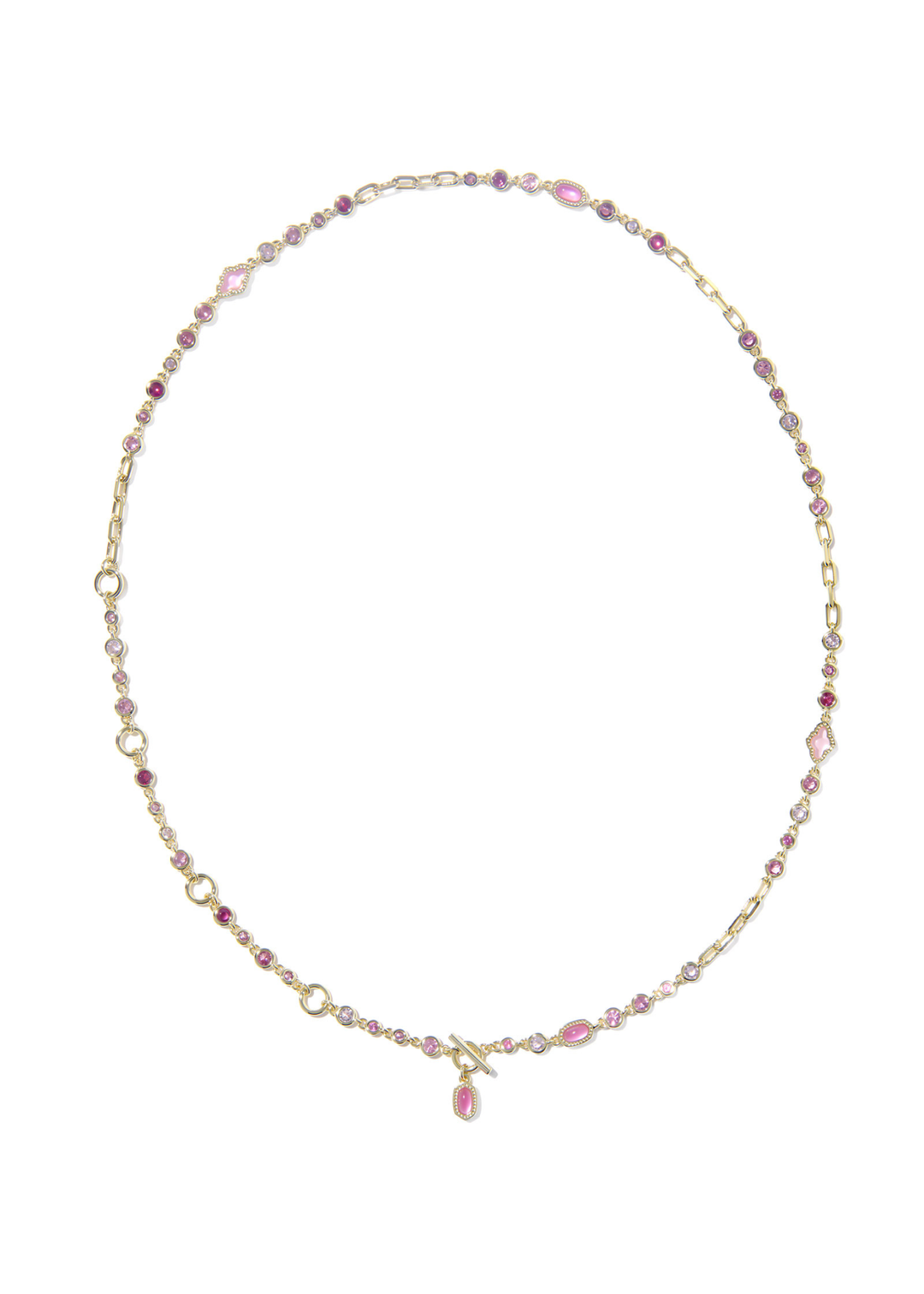 Gold necklace with pink stones against a white background