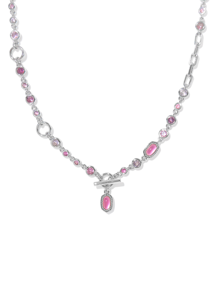Rhodium necklace with pink stones against a white background